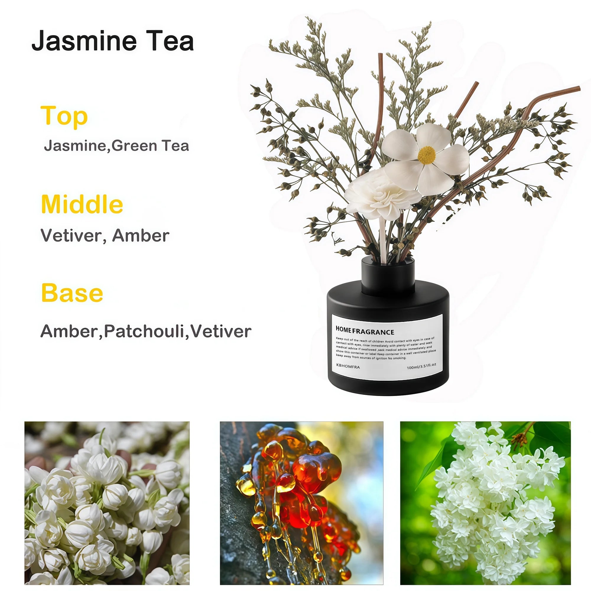 KBHOMFRA Jasmine Scent Reed Diffuser (3.38 fl oz)