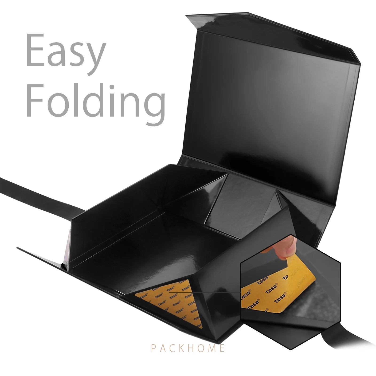 PACKHOME Magnetic Gift Box with Lid & Ribbon (Black, 11.5 × 8.1 × 3.8 in)