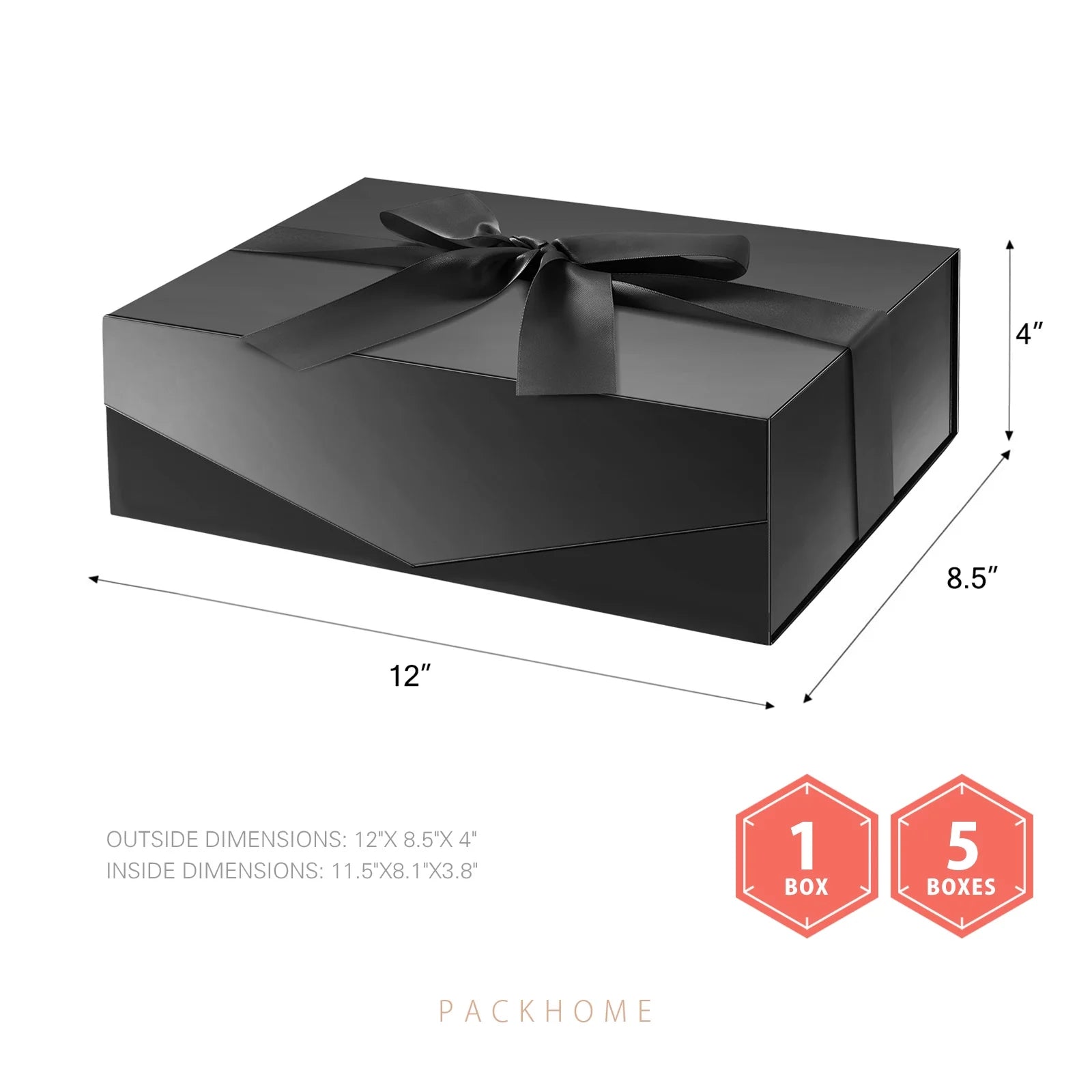 PACKHOME Magnetic Gift Box with Lid & Ribbon (Black, 11.5 × 8.1 × 3.8 in)