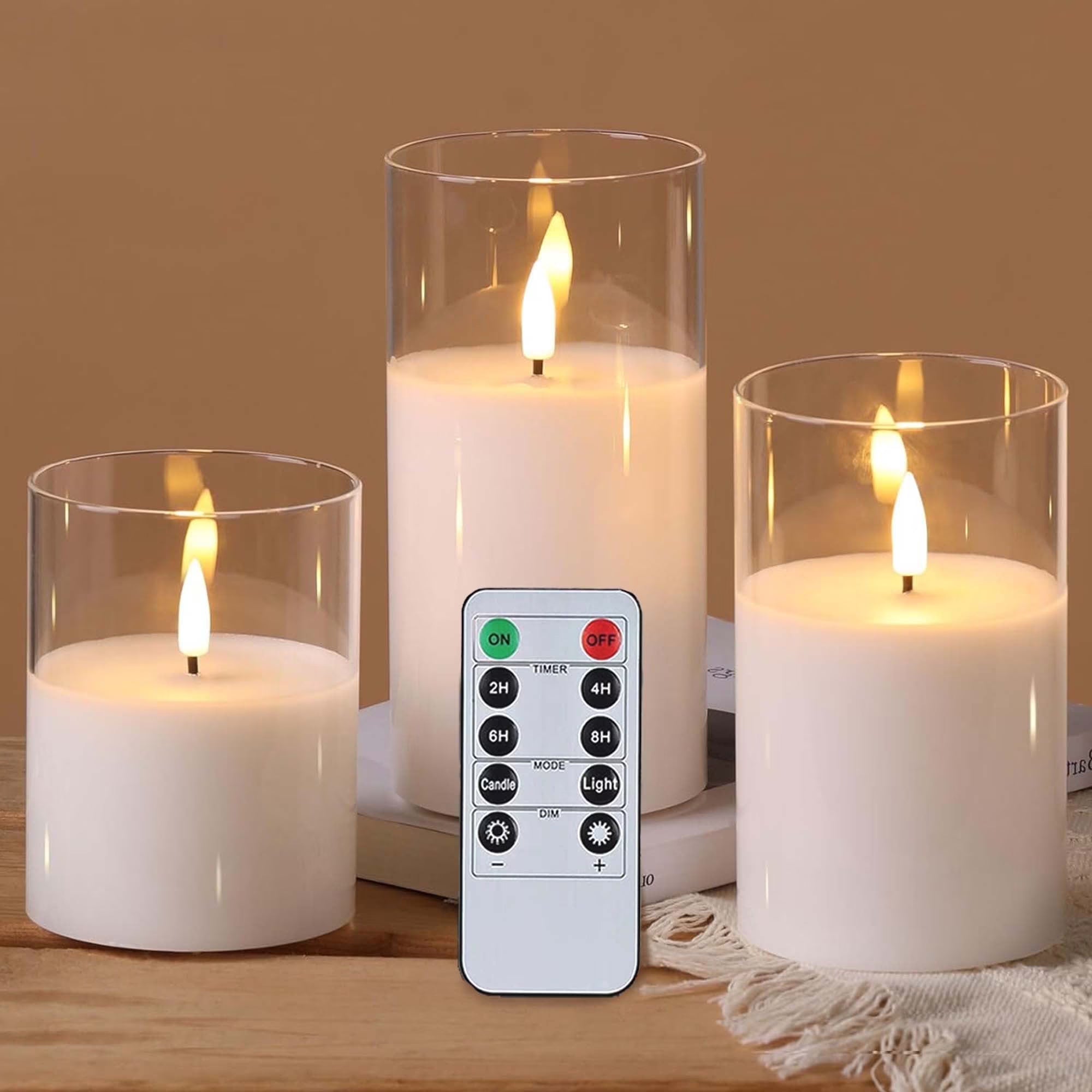 HIDAWN Flameless Candles with Flickering 3D Wick, Remote & Timer (Battery Operated LED Pillar Set – White 4"×5"×6")