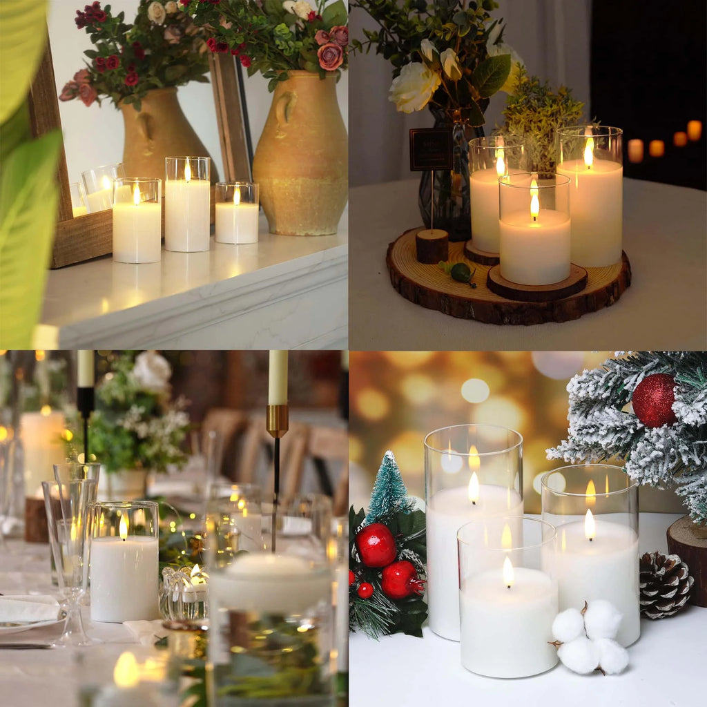 HIDAWN Flameless Candles with Flickering 3D Wick, Remote & Timer (Battery Operated LED Pillar Set – White 4"×5"×6")