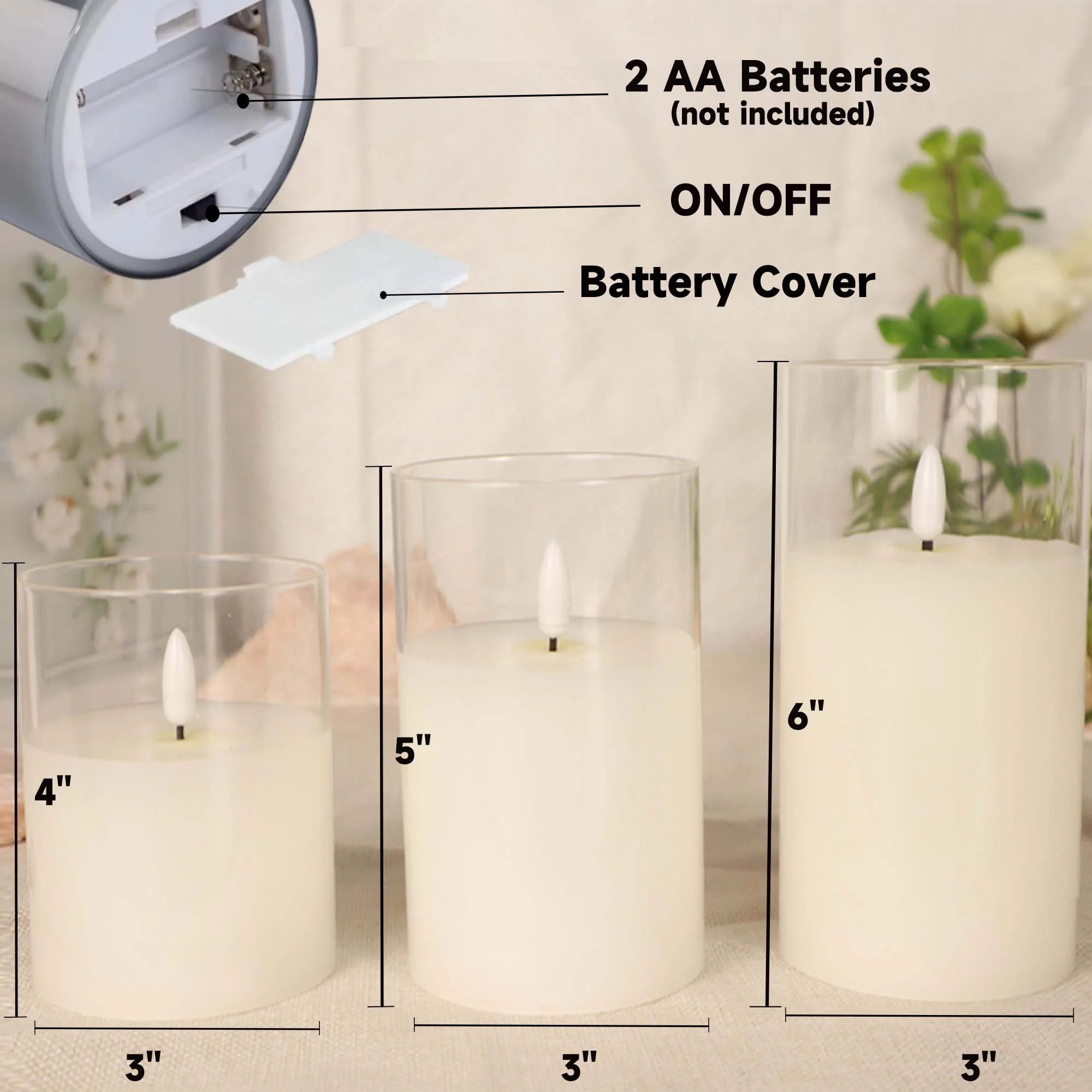 HIDAWN Flameless Candles with Flickering 3D Wick, Remote & Timer (Battery Operated LED Pillar Set – White 4"×5"×6")