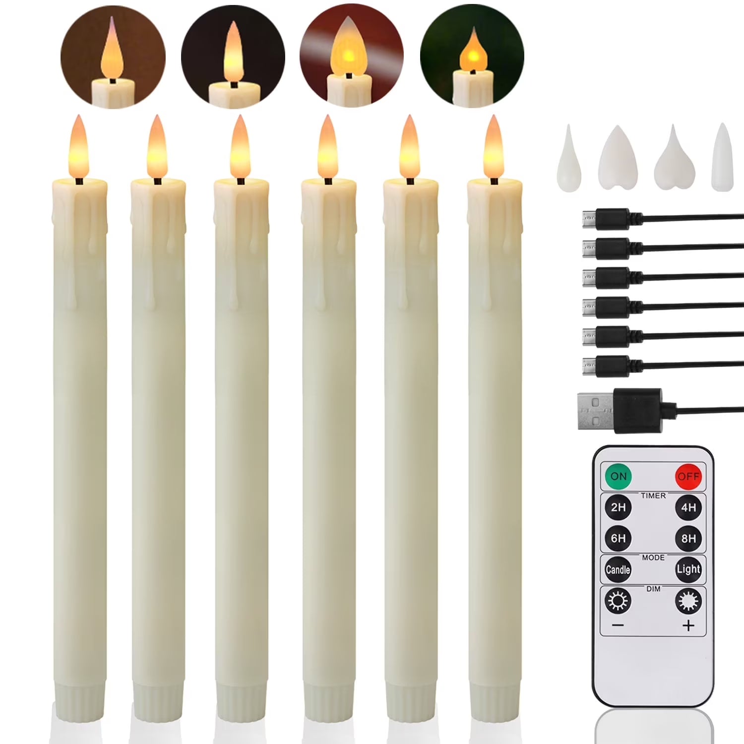 Rechargeable Flameless Taper Candles with Remote & Timer (6-Piece LED Set, Ivory)