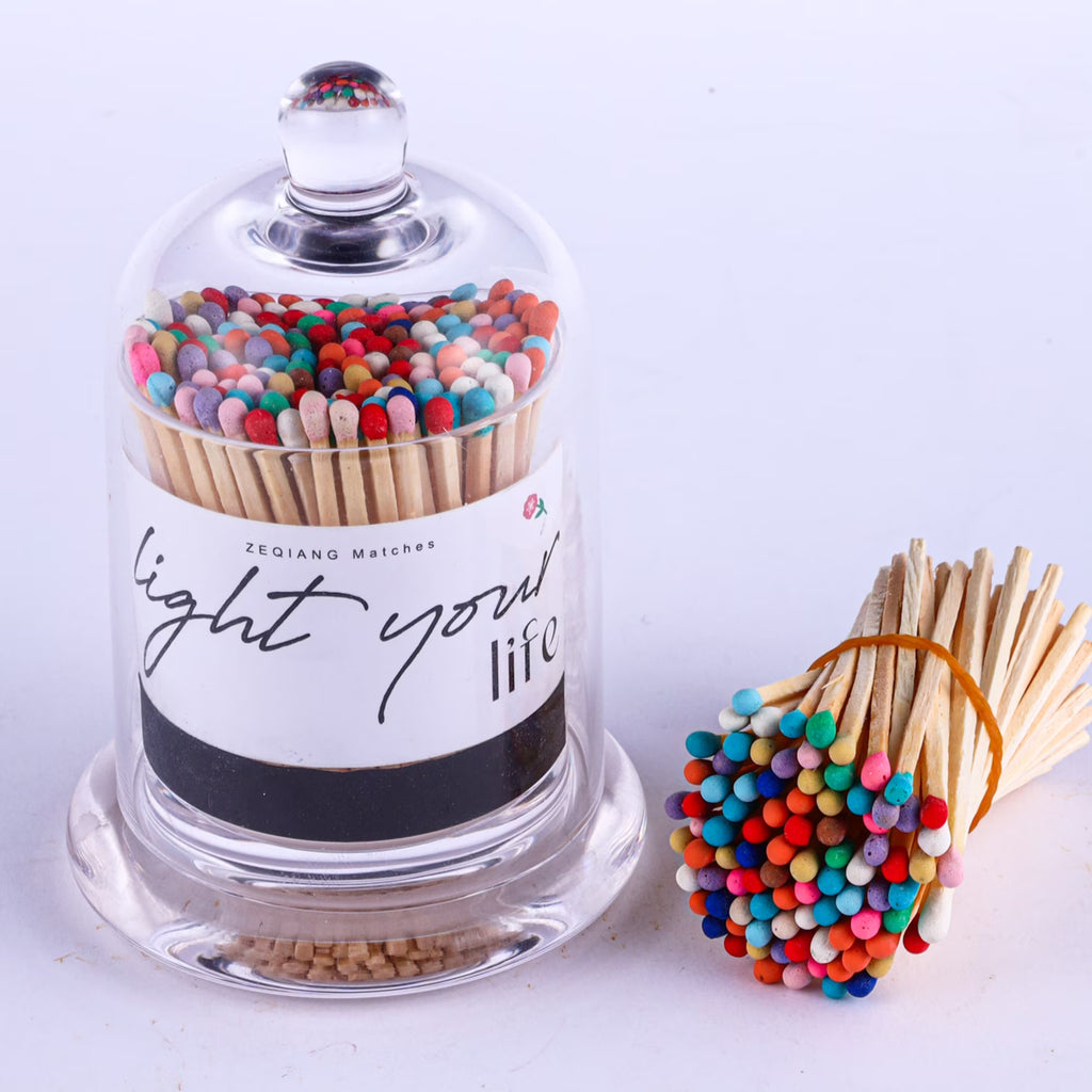 Glass Match Holder with Striker & 150 Rainbow Safety Matches (3")