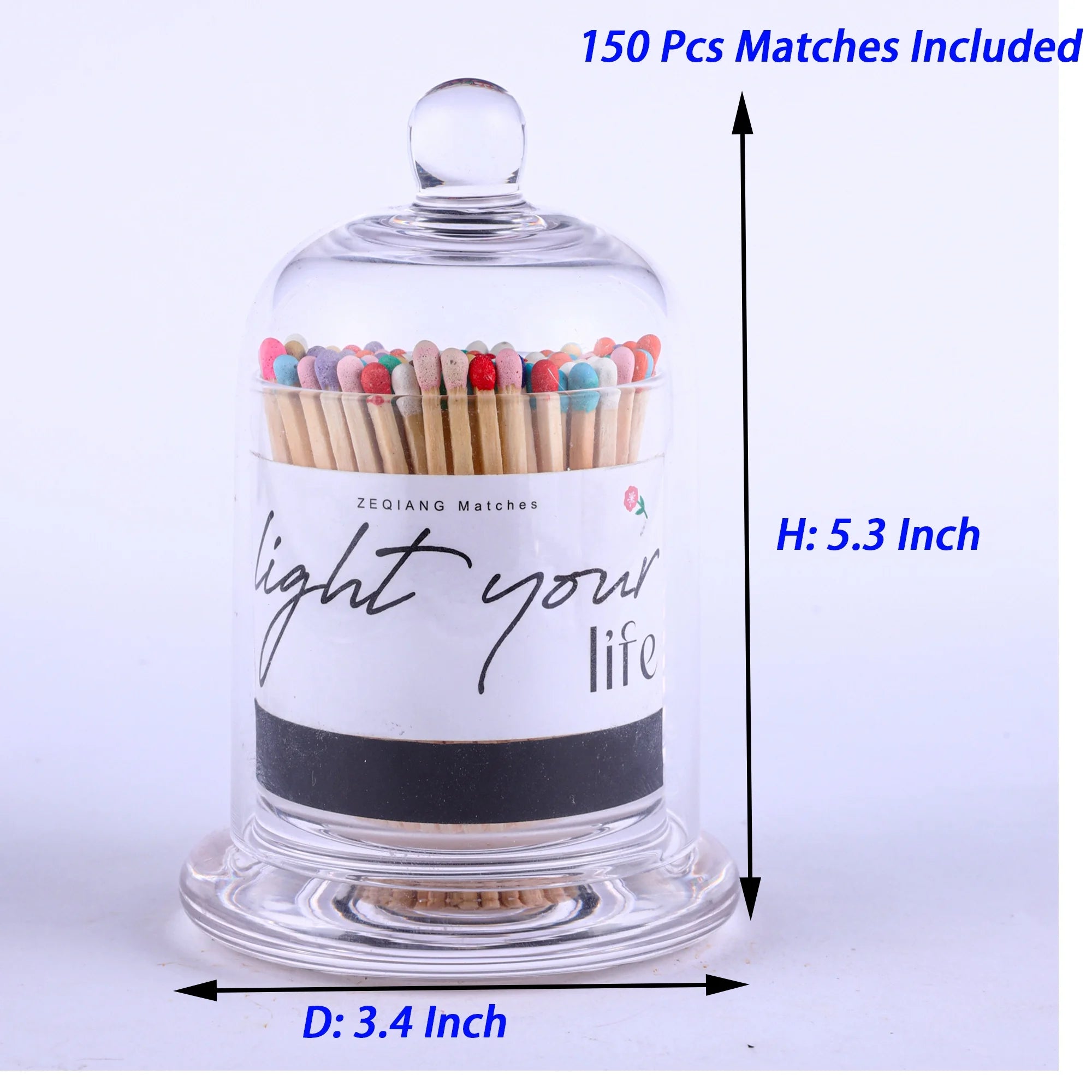 Glass Match Holder with Striker & 150 Rainbow Safety Matches (3")