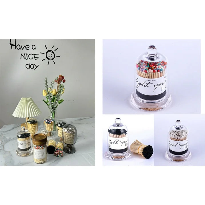 Glass Match Holder with Striker & 150 Rainbow Safety Matches (3")